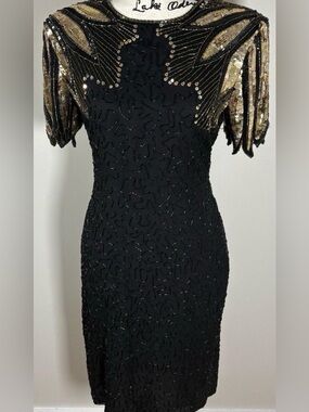Vintage 80s Stenay Silk Black Gold Sequin Beaded Dress Art Deco Cocktail Size 12